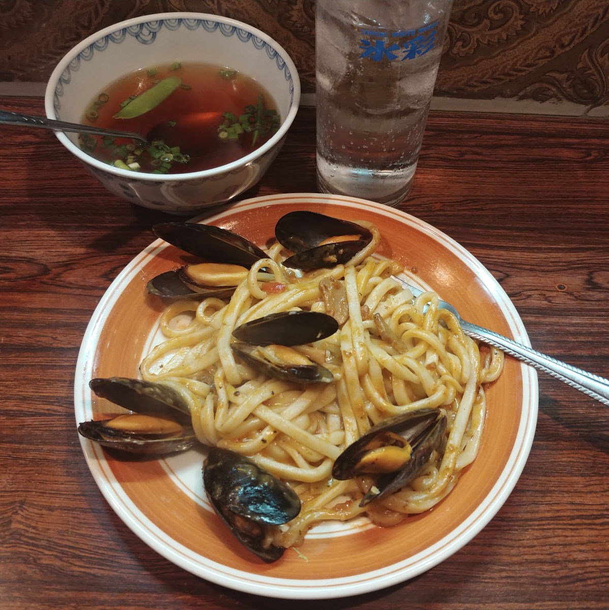 うどんdeパスタ海老クリームソース @大町市ビストロにし川 うどんdeパスタ海老クリームソース @大町市ビストロにし川