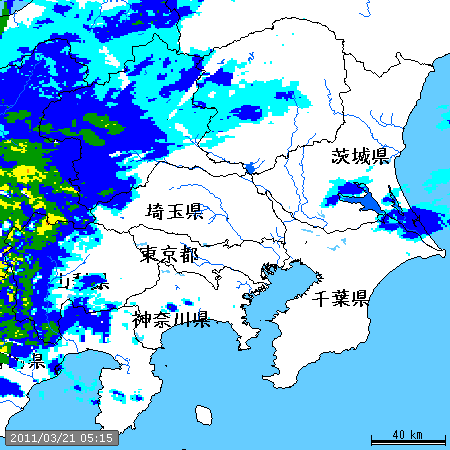 東日本の風向と降水（3月22日予想）