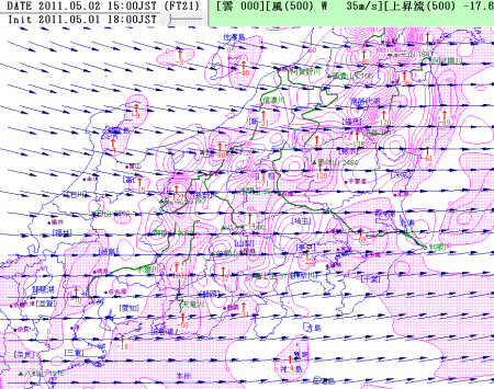 東日本の風向と降水(5月2日予想)