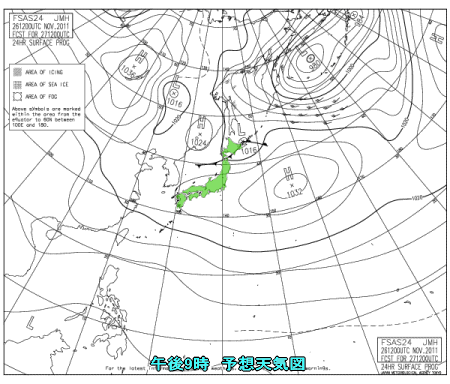 高気圧の覆われ暖かく、北日本は下り坂(11月27日)