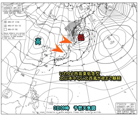 東日本の風向と降水(4月3日予想)