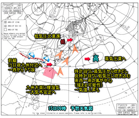 東日本の風向と降水(4月15日予想)