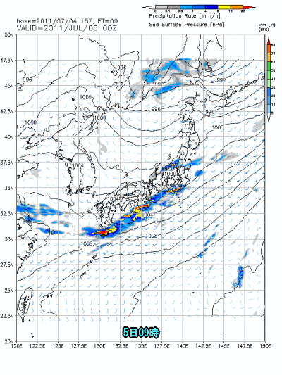 前線南岸に停滞、天気回復も局地的に不安定(7月5日)