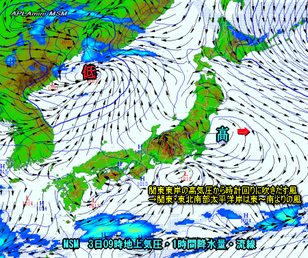 東日本の風向と降水(5月3日予想)