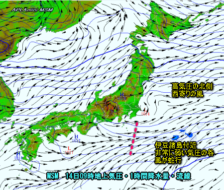 東日本の風向きと降水(4月14日予想)