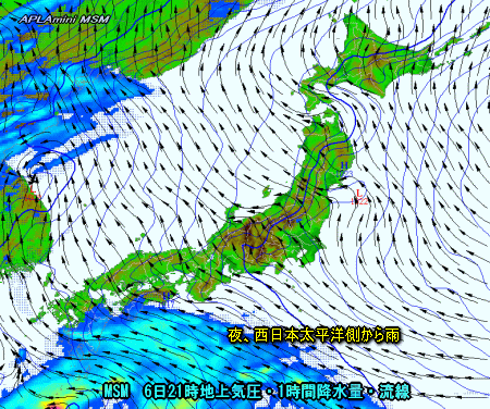 東日本の風向と降水(5月6日予想)