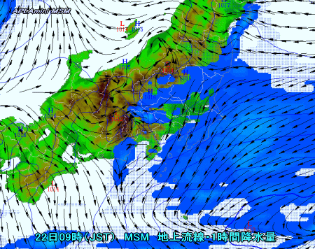 東日本の風向と降水（3月22日予想）