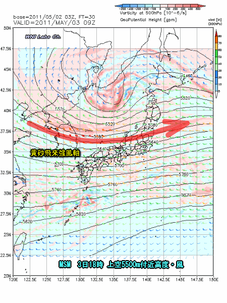 東日本の風向と降水(5月3日予想)
