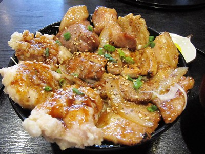でんでん　豚の大蒜醤油＆鶏唐揚コンビ丼＠松本市