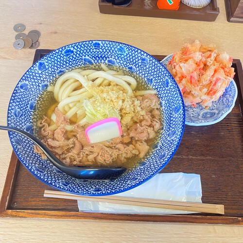 うどんのたかの　冷やし肉うどん＆紅しょうが天＋替え玉　＠長野市ランチグルメ　