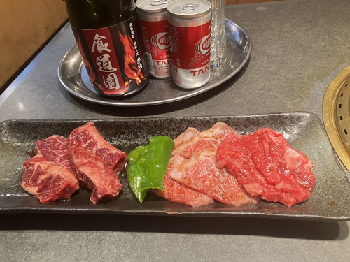 塩タン＆和牛カルビ＆和牛ハラミ＆和牛レバー＆テグタンスープ＆虎マッコリ　＠大町市焼肉食道園