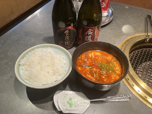塩タン＆和牛カルビ＆和牛ハラミ＆和牛レバー＆テグタンスープ＆虎マッコリ　＠大町市焼肉食道園