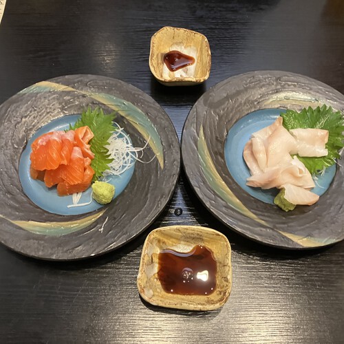 信州サーモン＆銀鱈の刺身＆海鮮サラダ＆鱈の白子天ぷら＆長芋揚げ＆揚げ出し豆腐カニ身餡かけ　＠大町市四季彩葉月