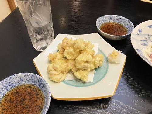 信州サーモン＆銀鱈の刺身＆海鮮サラダ＆鱈の白子天ぷら＆長芋揚げ＆揚げ出し豆腐カニ身餡かけ　＠大町市四季彩葉月