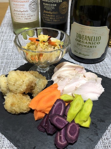 大根葉のペペロンピザとカキフライの赤ワイン味噌かけ