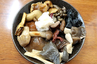 かけす食堂で、山のきのこおろし盛り合わせと天然きのこうどん（味噌）