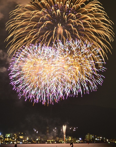 2014諏訪湖の花火　新作花火大会　下諏訪町湖畔より　