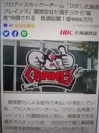 アイスホッケー／ひがし北海道クレインズ／運営会社が選手らから破産申請
